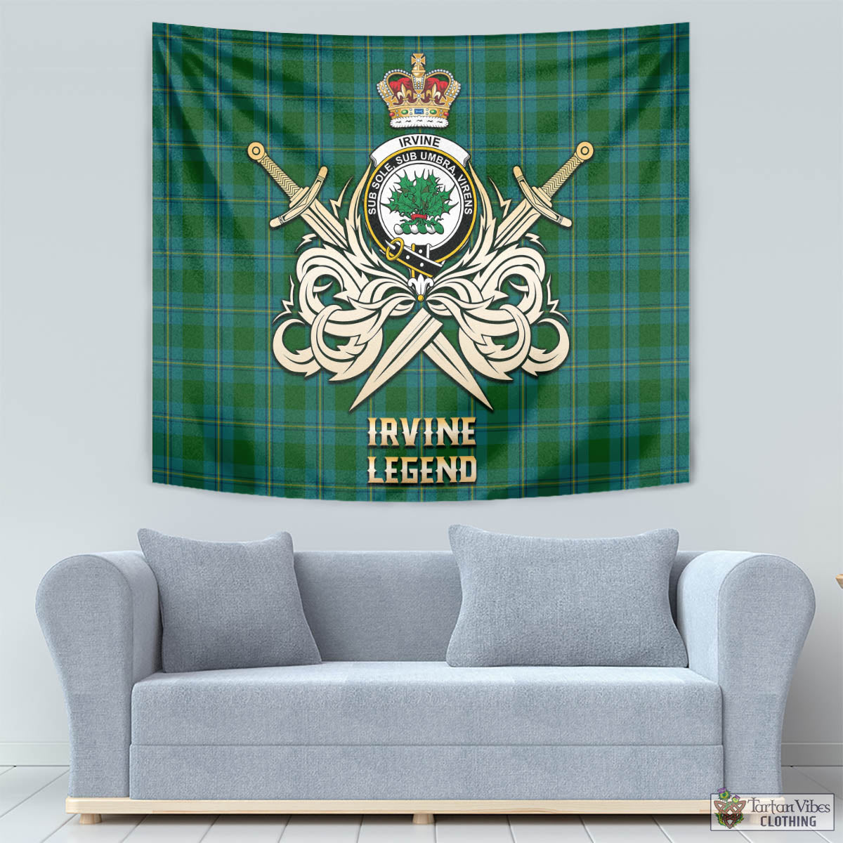 Tartan Vibes Clothing Irvine of Bonshaw Tartan Tapestry with Clan Crest and the Golden Sword of Courageous Legacy