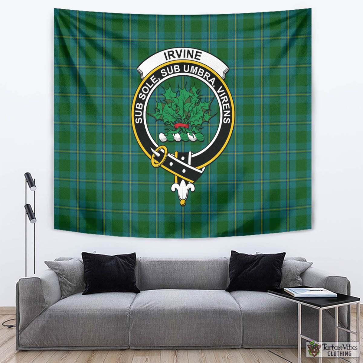 Tartan Vibes Clothing Irvine of Bonshaw Tartan Tapestry Wall Hanging and Home Decor for Room with Family Crest