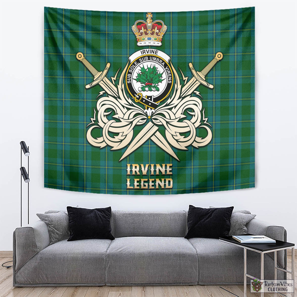 Tartan Vibes Clothing Irvine of Bonshaw Tartan Tapestry with Clan Crest and the Golden Sword of Courageous Legacy