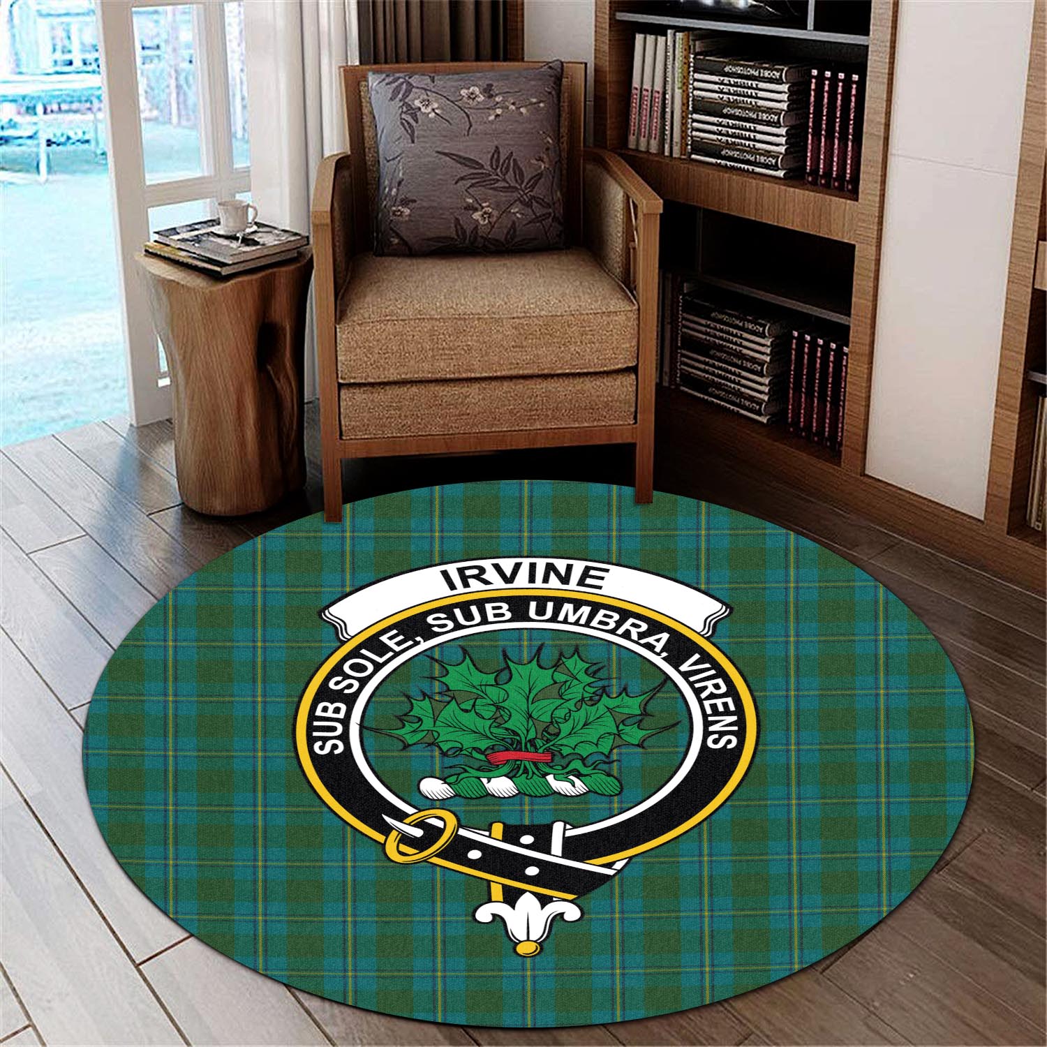 irvine-of-bonshaw-tartan-round-rug-with-family-crest