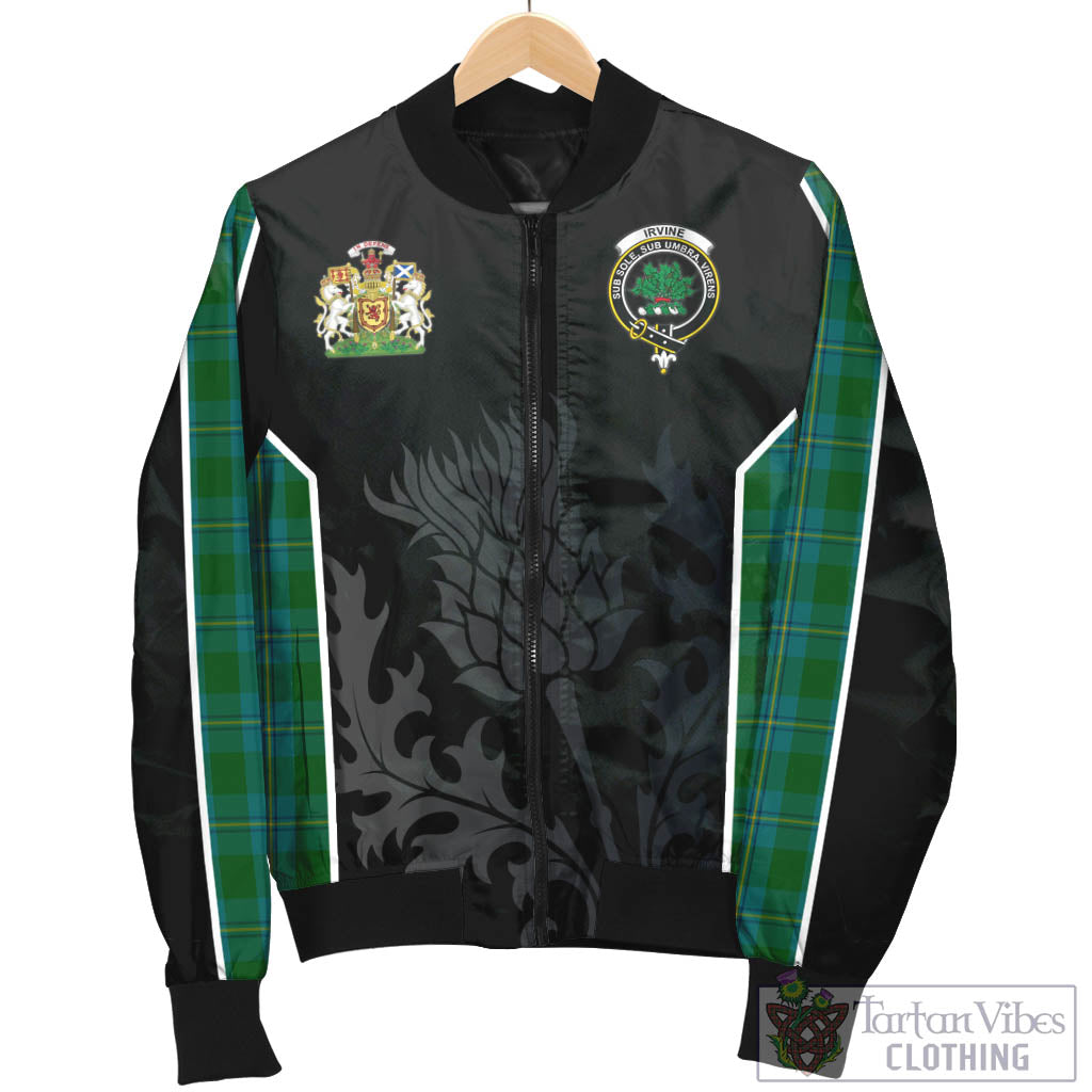 Tartan Vibes Clothing Irvine of Bonshaw Tartan Bomber Jacket with Family Crest and Scottish Thistle Vibes Sport Style