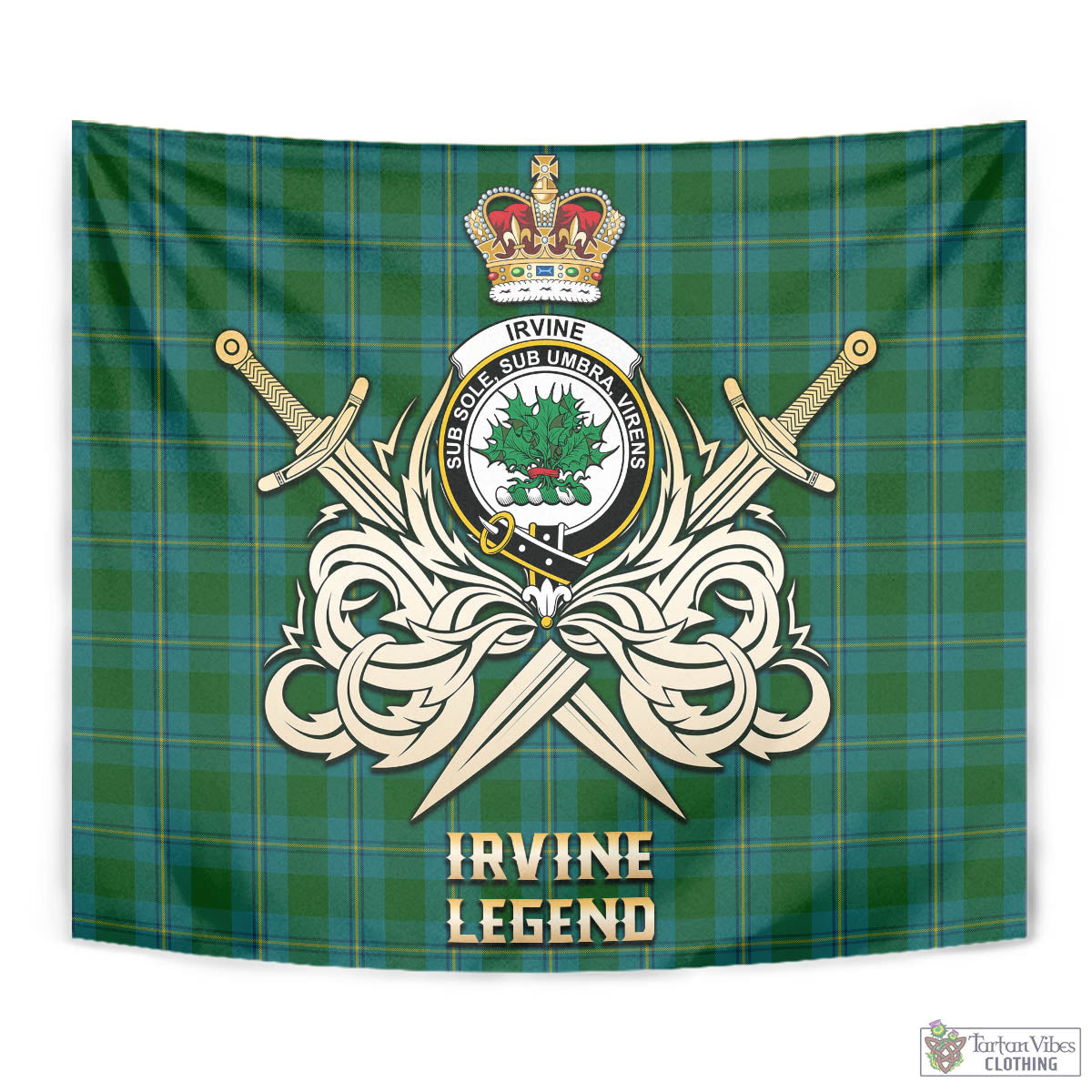 Tartan Vibes Clothing Irvine of Bonshaw Tartan Tapestry with Clan Crest and the Golden Sword of Courageous Legacy