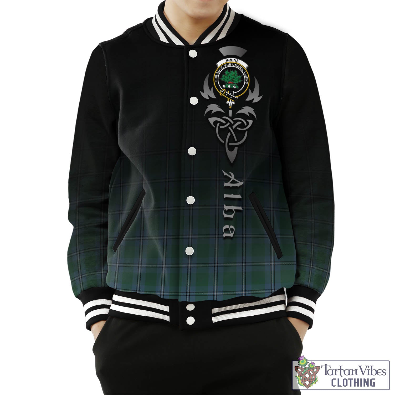 Tartan Vibes Clothing Irvine of Drum Tartan Baseball Jacket Featuring Alba Gu Brath Family Crest Celtic Inspired