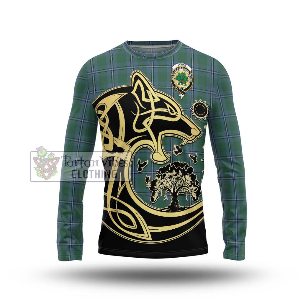 Irvine of Drum Tartan Long Sleeve T-Shirt with Family Crest Celtic Wolf Style Unisex - Tartan Vibes Clothing