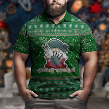 Irvine of Drum Clan Christmas Family Polo Shirt with Funny Gnome Playing Bagpipes