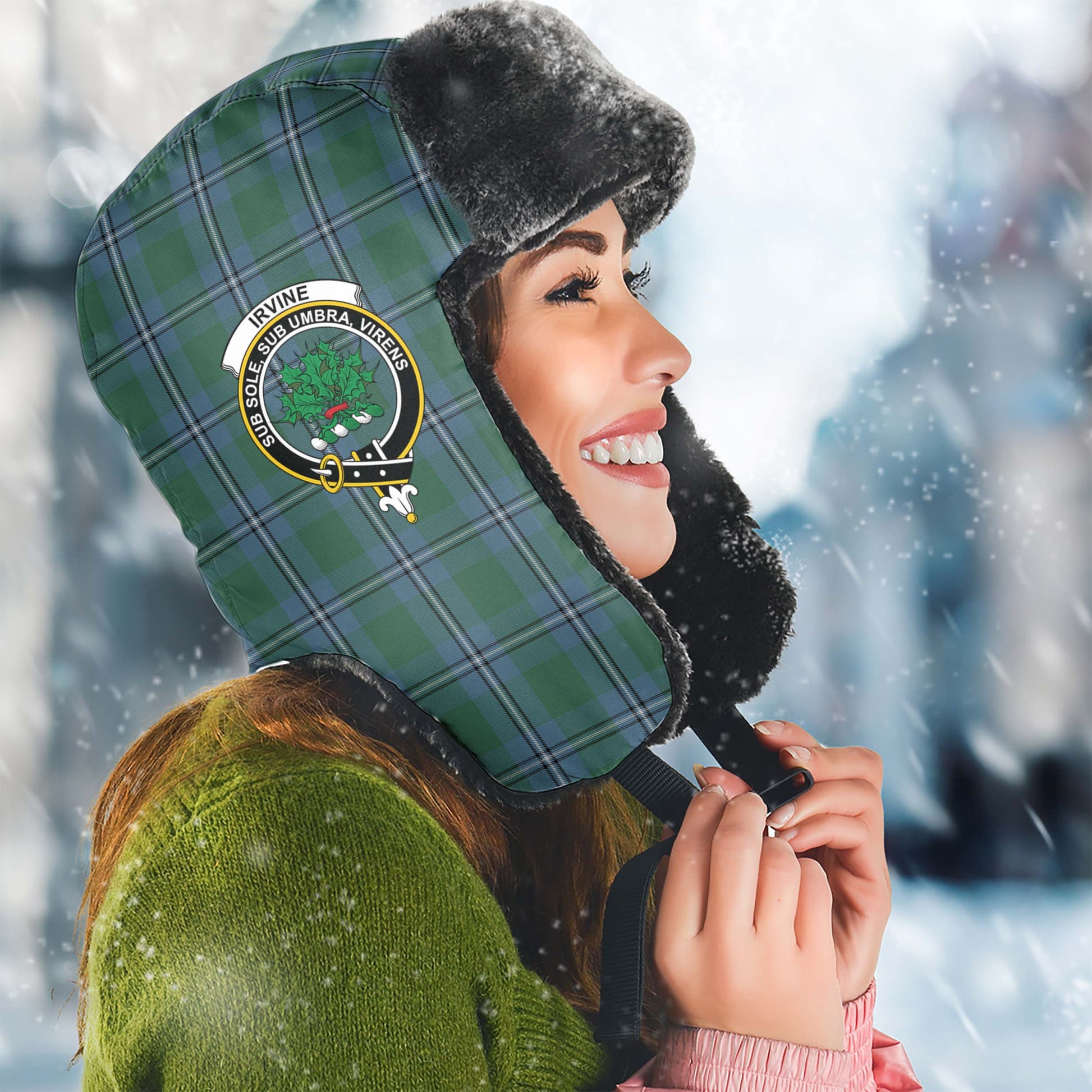 Irvine of Drum Tartan Winter Trapper Hat with Family Crest Winter Trapper Hat Universal Fit Circumference 22.8in (58cm) - Tartanvibesclothing