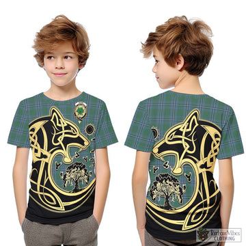 Irvine of Drum Tartan Kid T-Shirt with Family Crest Celtic Wolf Style