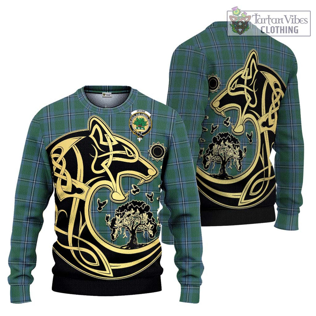 Irvine of Drum Tartan Knitted Sweater with Family Crest Celtic Wolf Style Unisex - Tartan Vibes Clothing