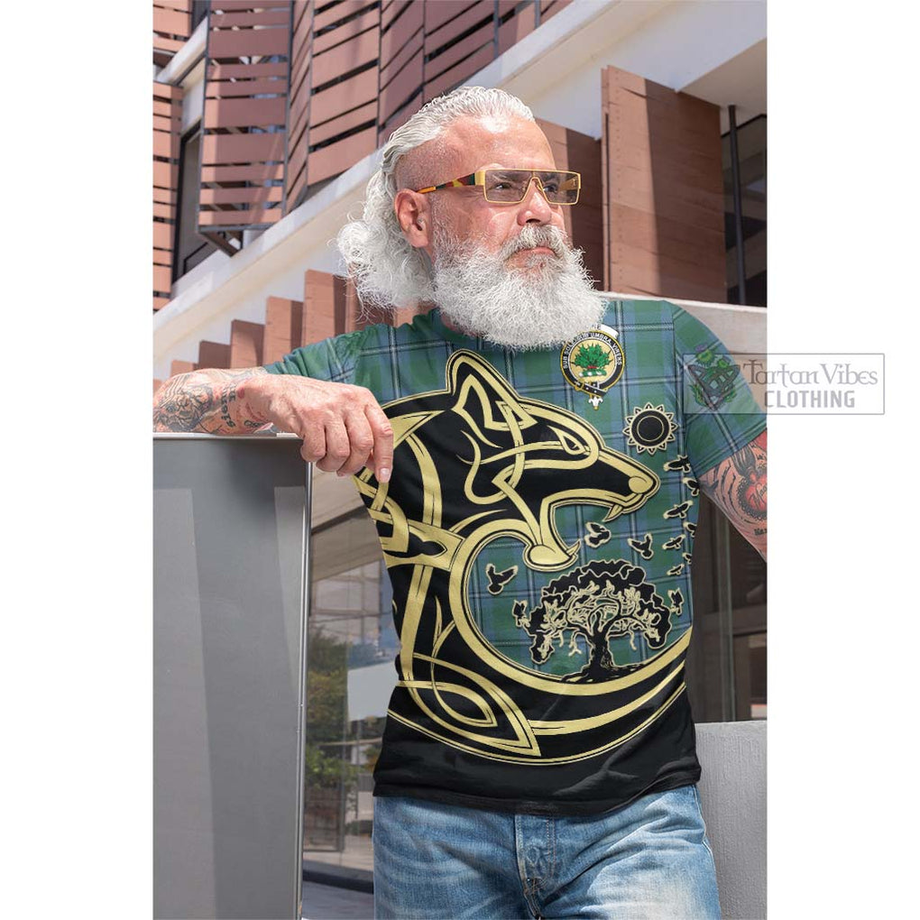 Tartan Vibes Clothing Irvine of Drum Tartan Cotton T-shirt with Family Crest Celtic Wolf Style