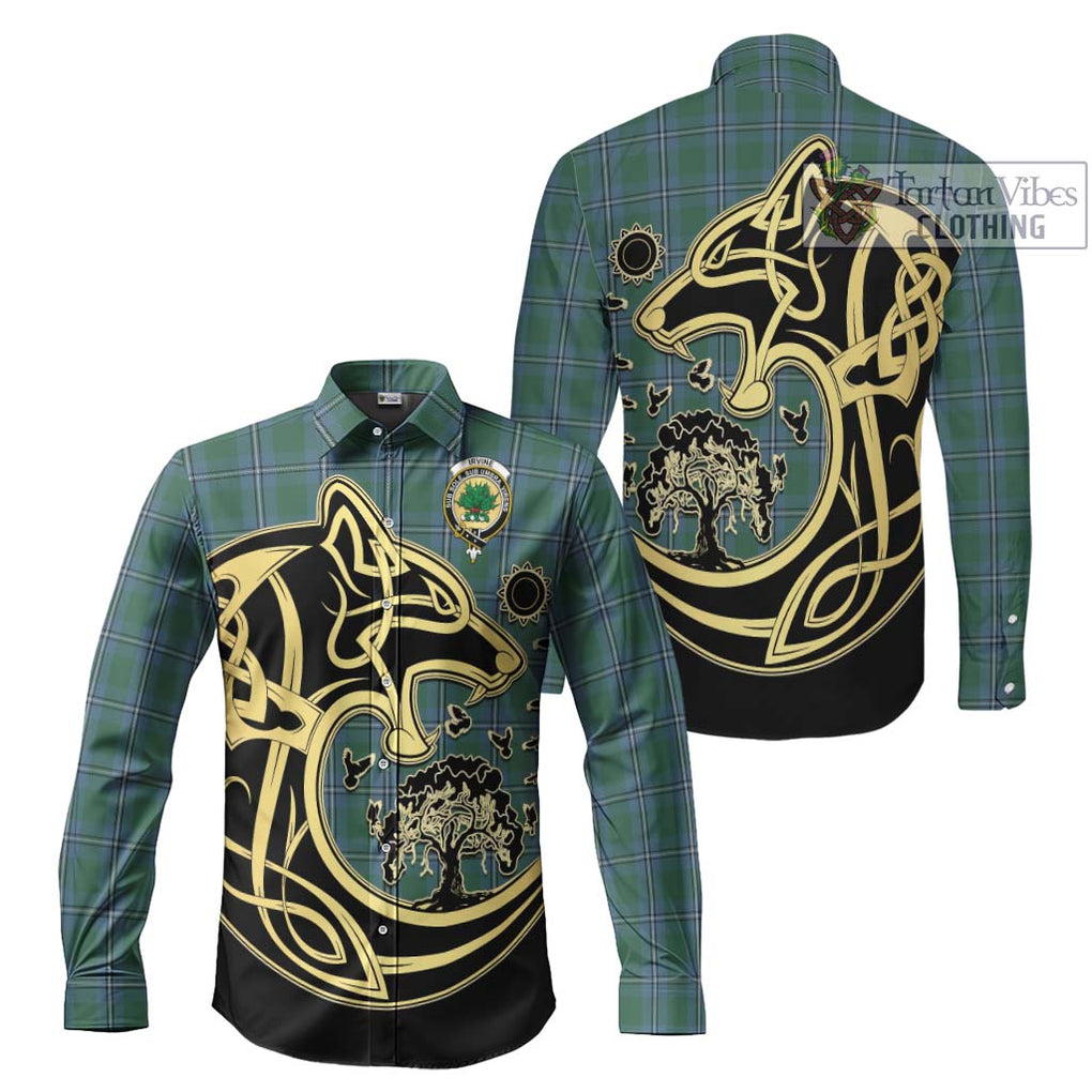 Irvine of Drum Tartan Long Sleeve Button Shirt with Family Crest Celtic Wolf Style Men's Shirt S - Tartan Vibes Clothing