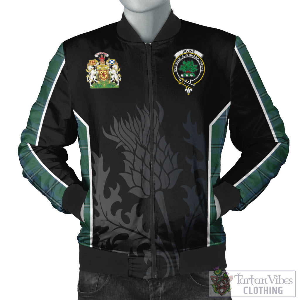 Tartan Vibes Clothing Irvine of Drum Tartan Bomber Jacket with Family Crest and Scottish Thistle Vibes Sport Style