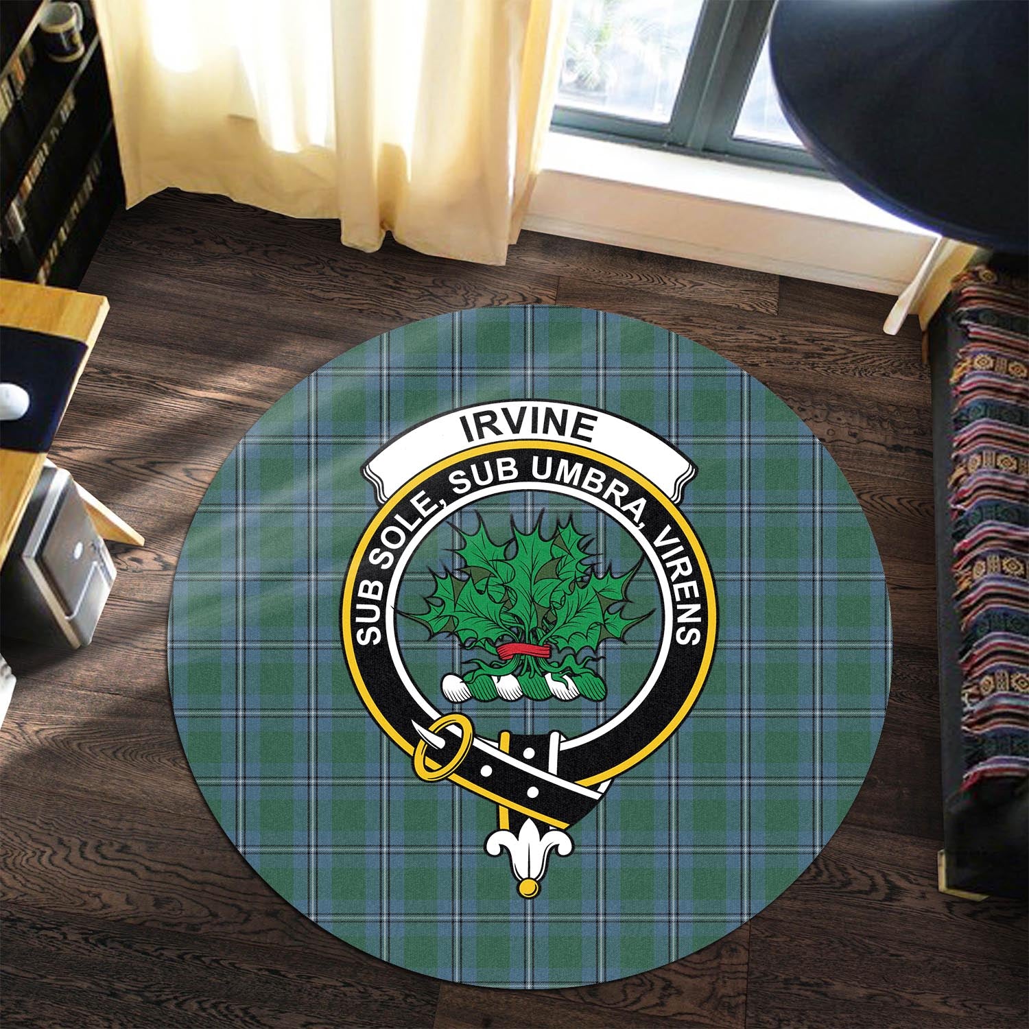 irvine-of-drum-tartan-round-rug-with-family-crest