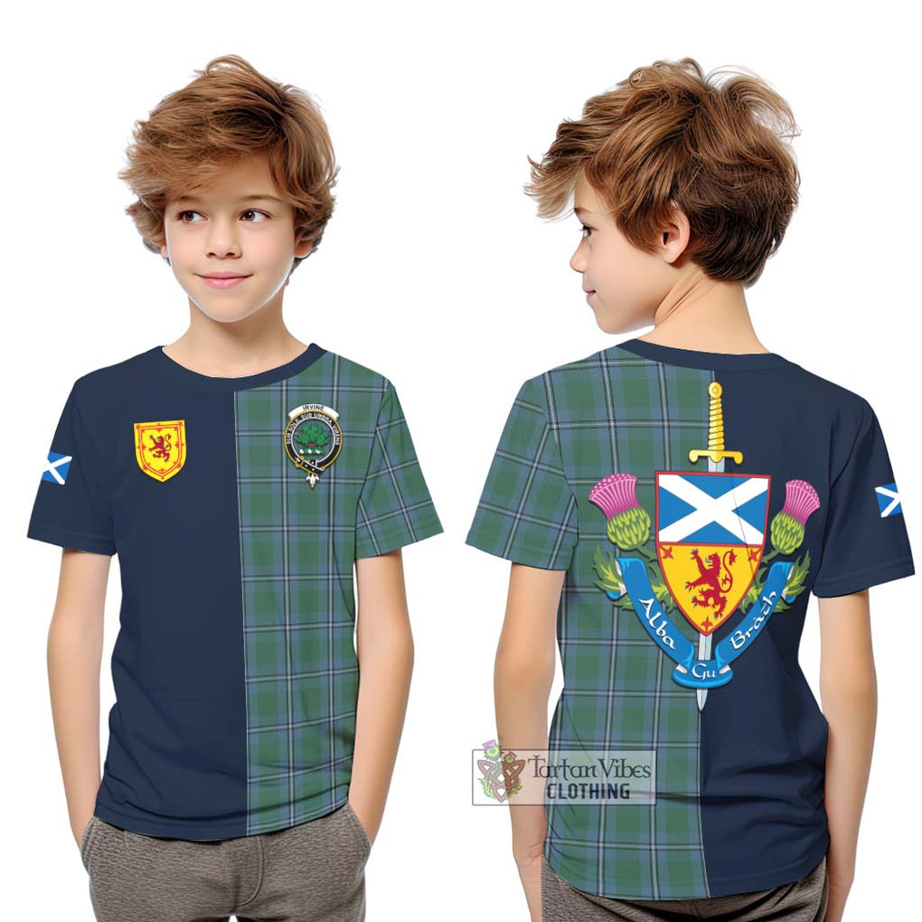 Tartan Vibes Clothing Irvine of Drum Tartan Kid T-Shirt with Scottish Lion Royal Arm Half Style