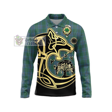 Irvine of Drum Tartan Long Sleeve Polo Shirt with Family Crest Celtic Wolf Style