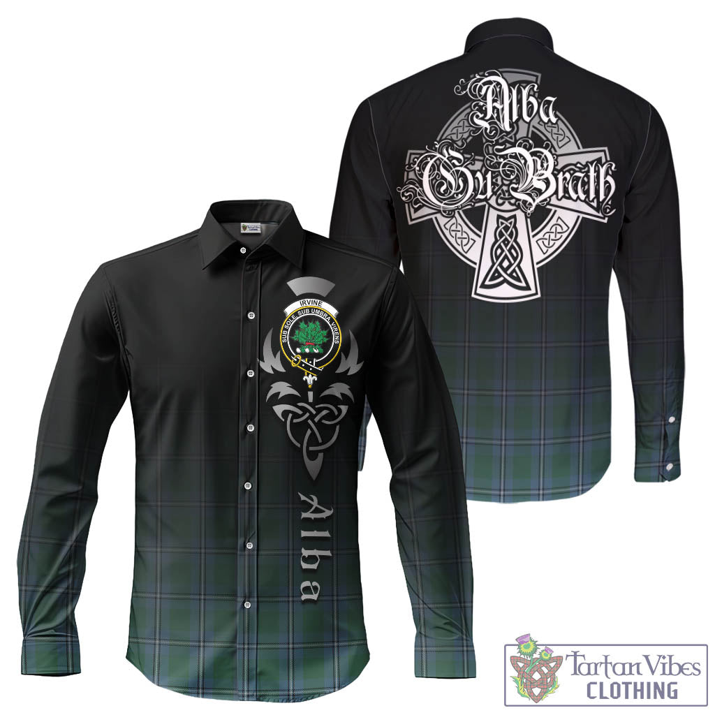 Tartan Vibes Clothing Irvine of Drum Tartan Long Sleeve Button Up Featuring Alba Gu Brath Family Crest Celtic Inspired