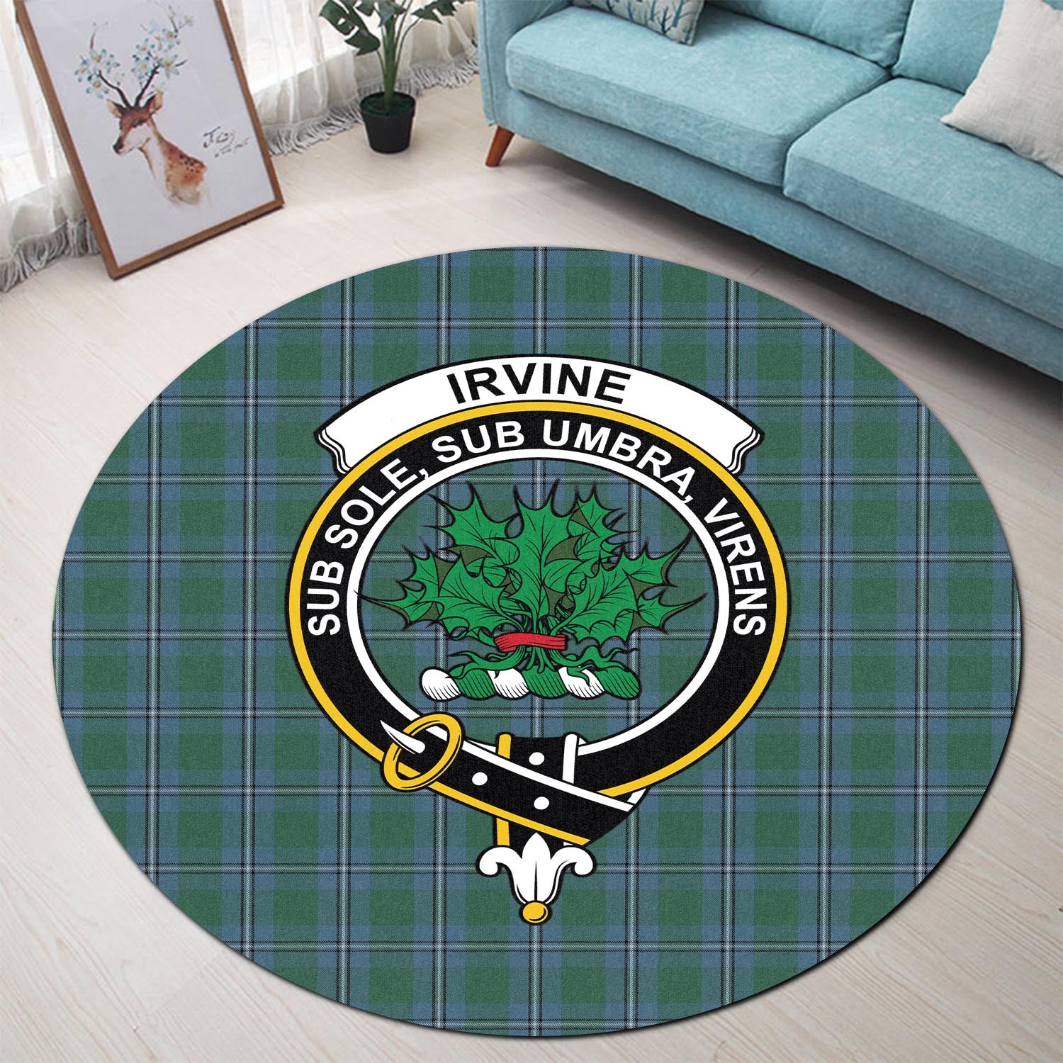 irvine-of-drum-tartan-round-rug-with-family-crest