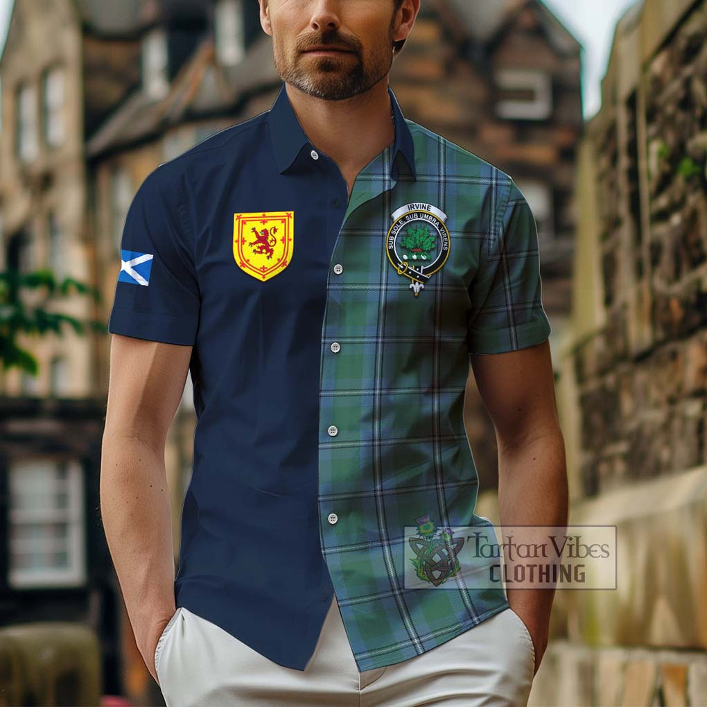 Tartan Vibes Clothing Irvine of Drum Tartan Short Sleeve Button Shirt with Scottish Lion Royal Arm Half Style