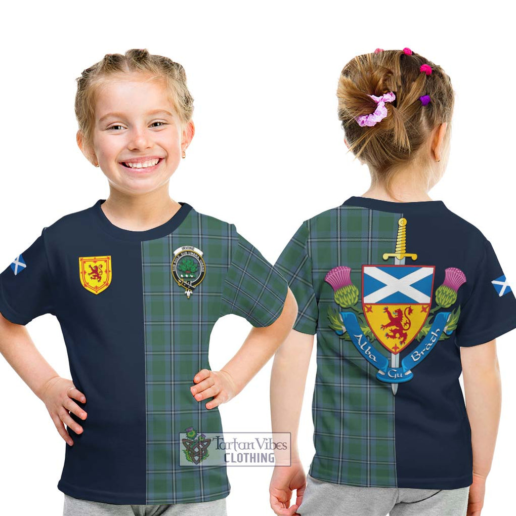 Tartan Vibes Clothing Irvine of Drum Tartan Kid T-Shirt with Scottish Lion Royal Arm Half Style