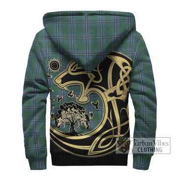 Irvine of Drum Tartan Sherpa Hoodie with Family Crest Celtic Wolf Style