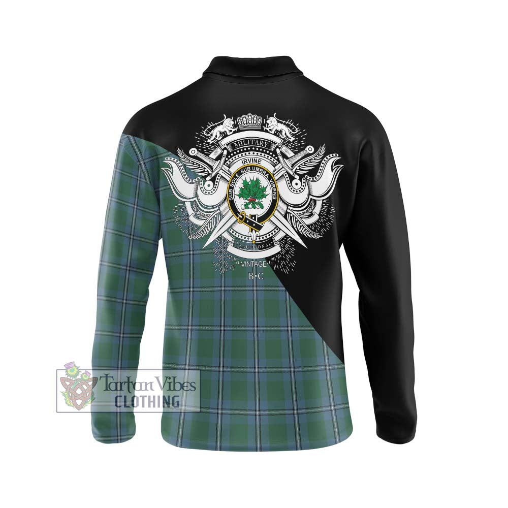 Irvine of Drum Tartan Long Sleeve Polo Shirt with Family Crest and Military Logo Style - Tartanvibesclothing Shop