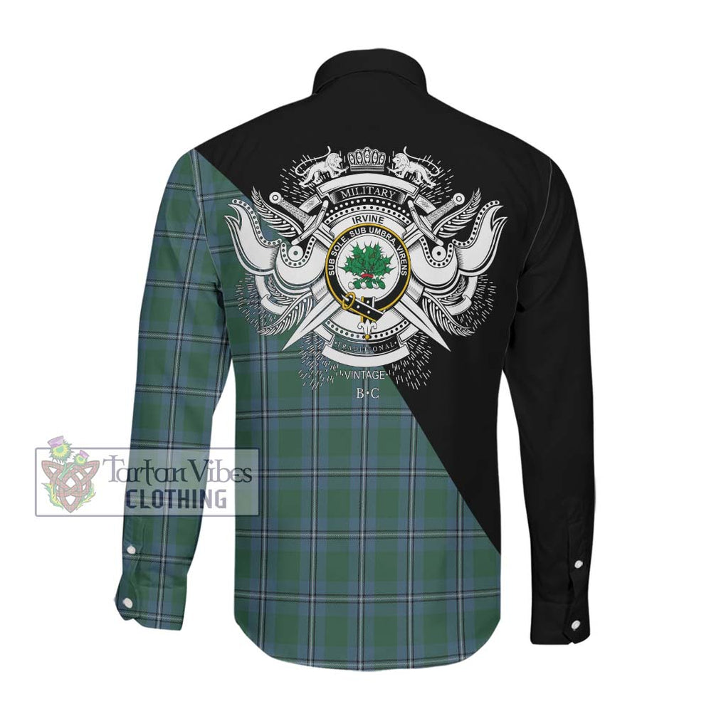 Irvine of Drum Tartan Long Sleeve Button Shirt with Family Crest and Military Logo Style Men's Shirt - Tartanvibesclothing Shop