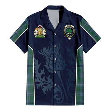 Irvine of Drum Tartan Short Sleeve Button Up Shirt with Family Crest and Scottish Thistle Vibes Sport Style