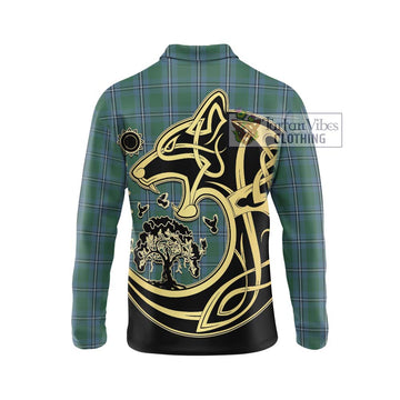 Irvine of Drum Tartan Long Sleeve Polo Shirt with Family Crest Celtic Wolf Style