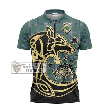 Irvine of Drum Tartan Zipper Polo Shirt with Family Crest Celtic Wolf Style