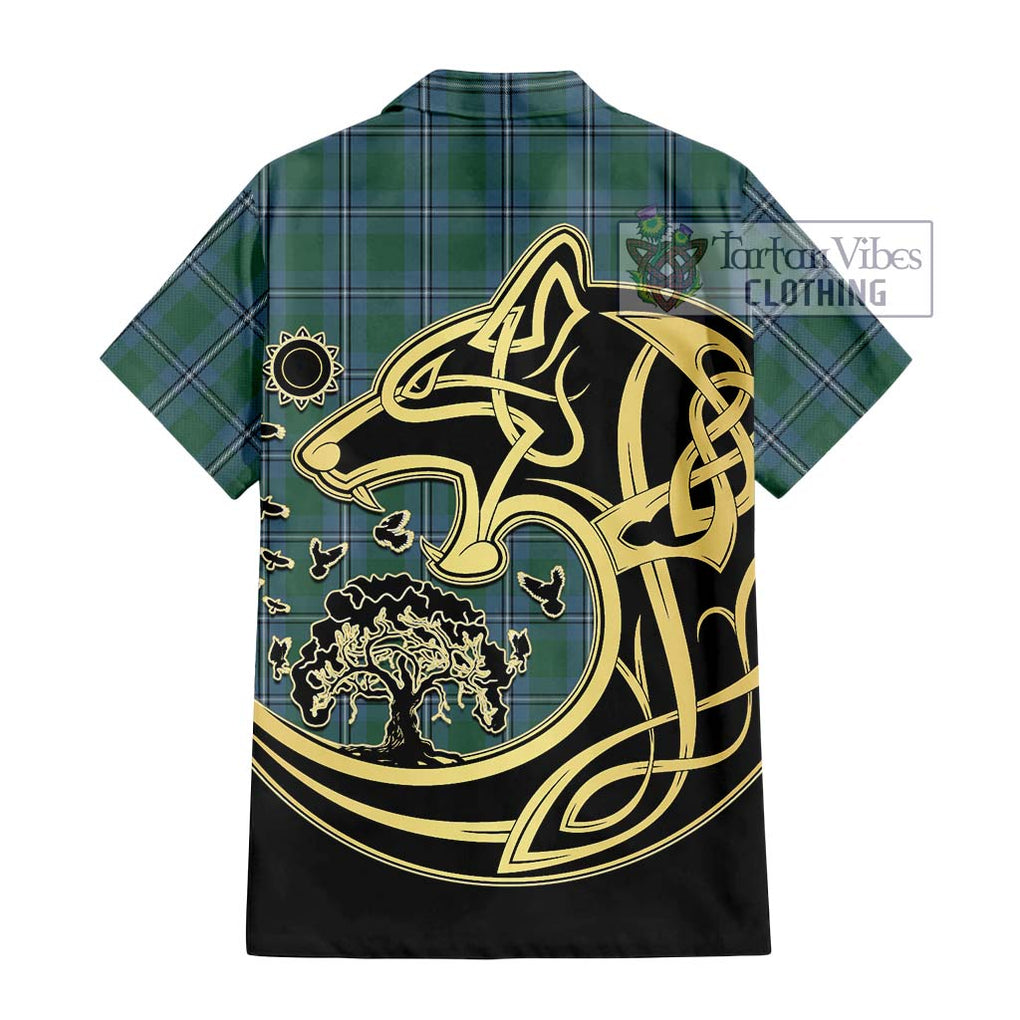 Irvine of Drum Tartan Short Sleeve Button Shirt with Family Crest Celtic Wolf Style - Tartan Vibes Clothing