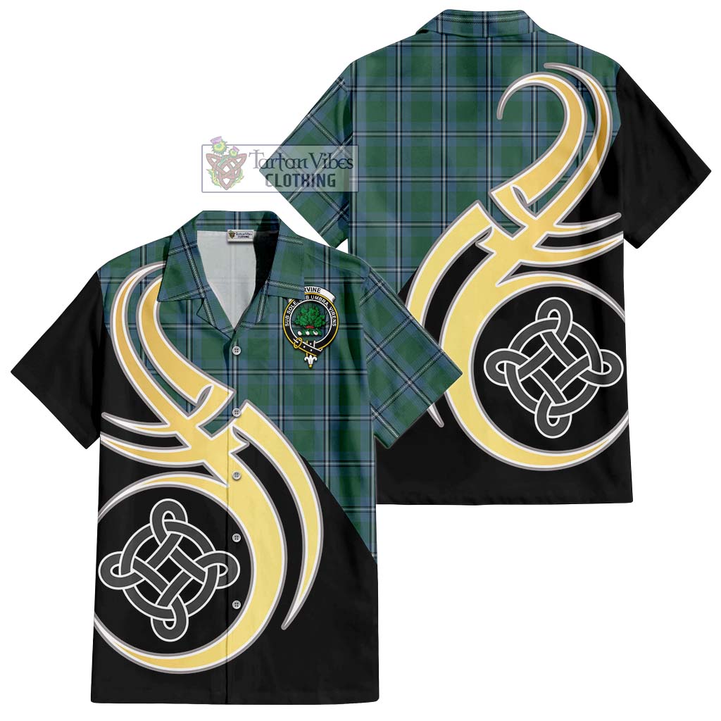 Irvine of Drum Tartan Short Sleeve Button Shirt with Family Crest and Celtic Symbol Style - Tartan Vibes Clothing