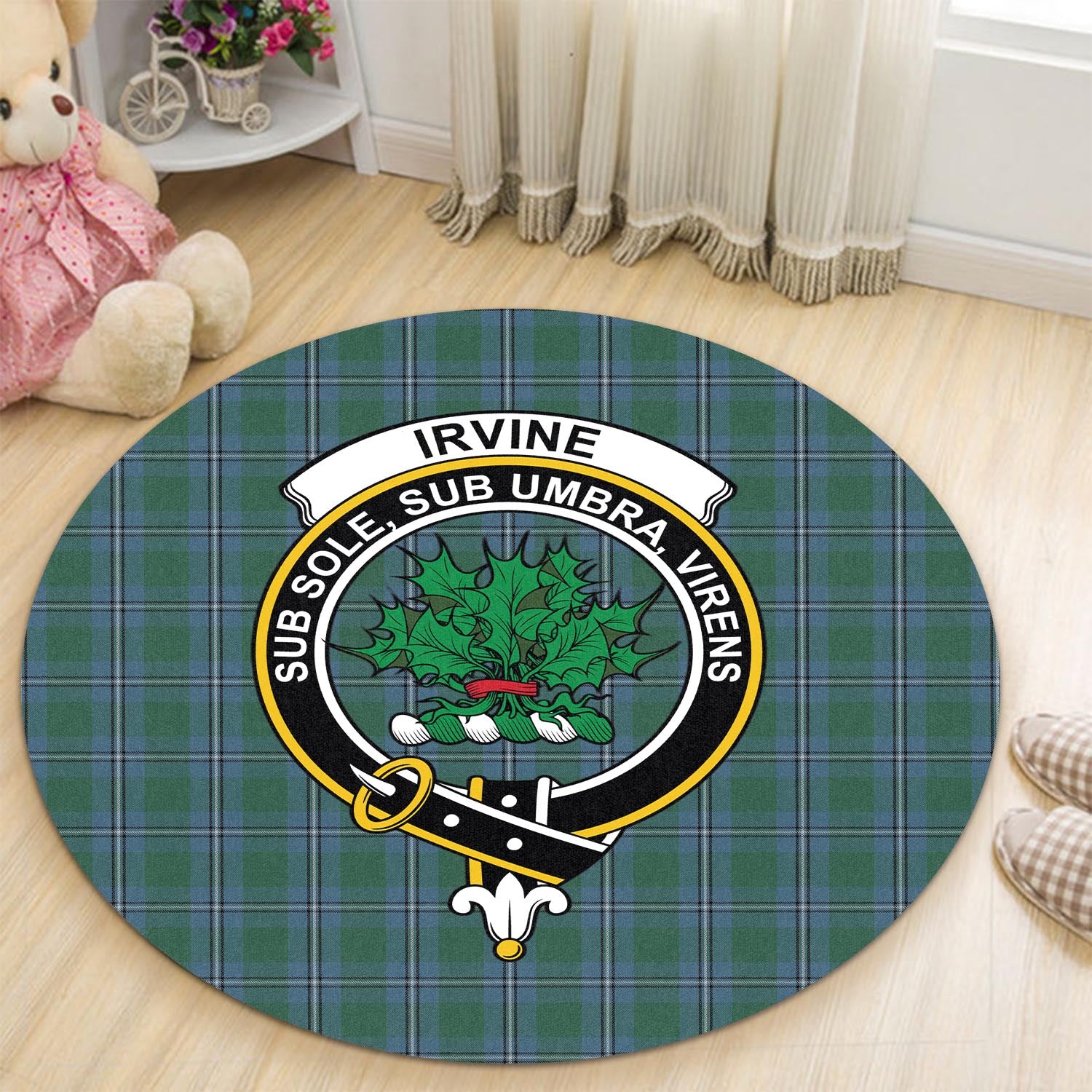 irvine-of-drum-tartan-round-rug-with-family-crest