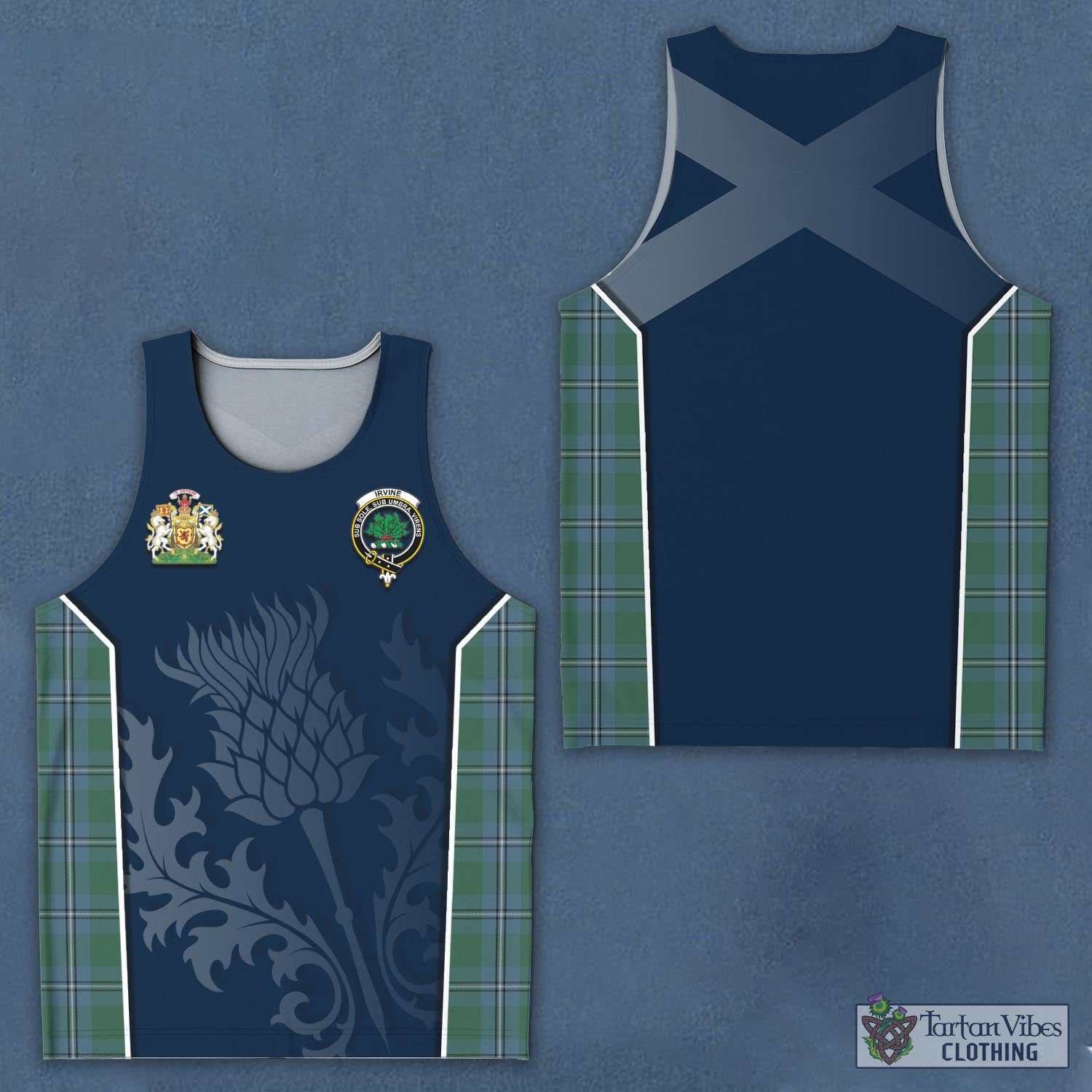 Tartan Vibes Clothing Irvine of Drum Tartan Men's Tanks Top with Family Crest and Scottish Thistle Vibes Sport Style