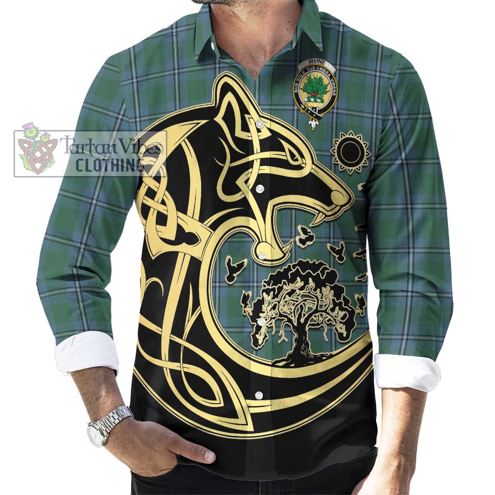 Irvine of Drum Tartan Long Sleeve Button Shirt with Family Crest Celtic Wolf Style - Tartan Vibes Clothing