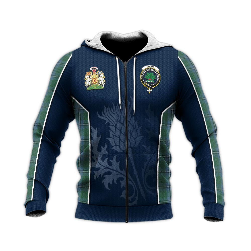 Tartan Vibes Clothing Irvine of Drum Tartan Knitted Hoodie with Family Crest and Scottish Thistle Vibes Sport Style