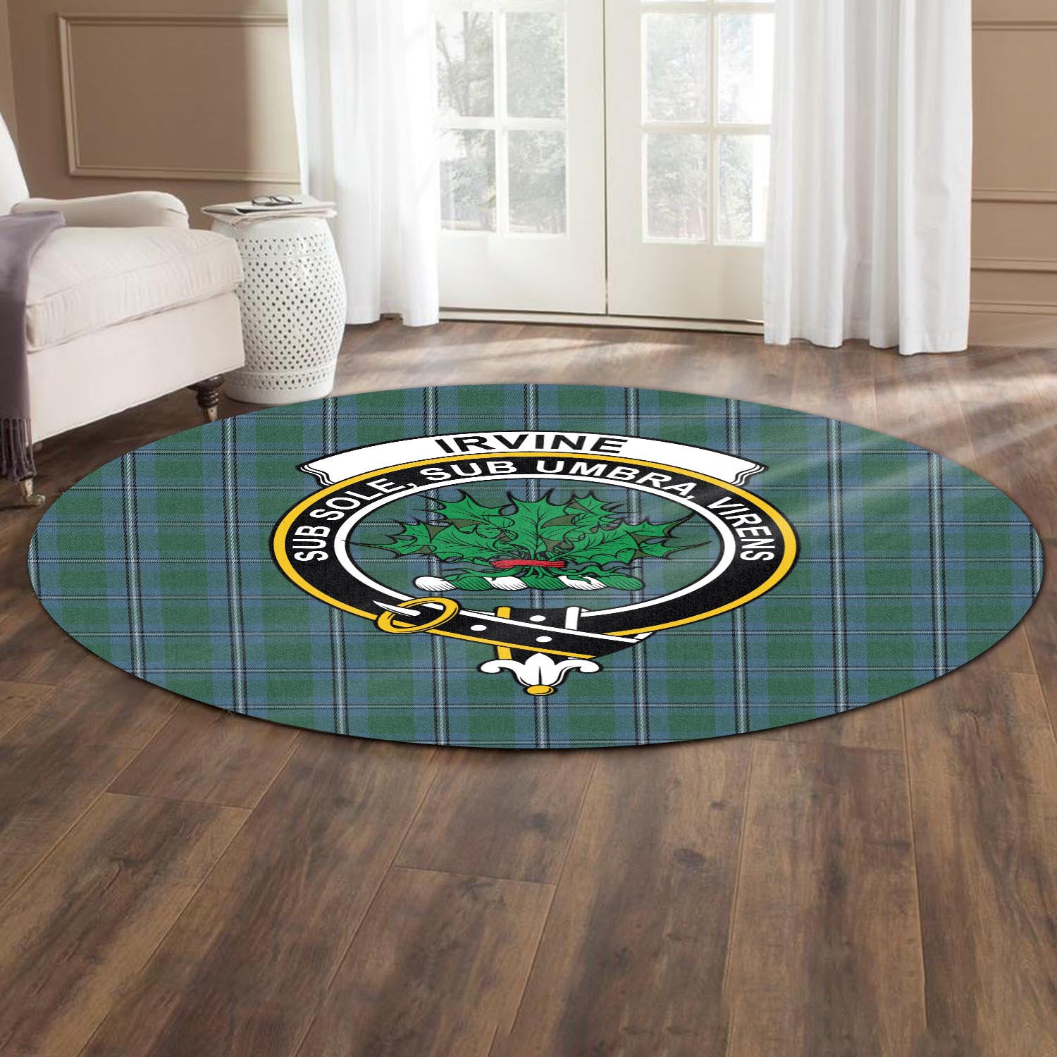 irvine-of-drum-tartan-round-rug-with-family-crest