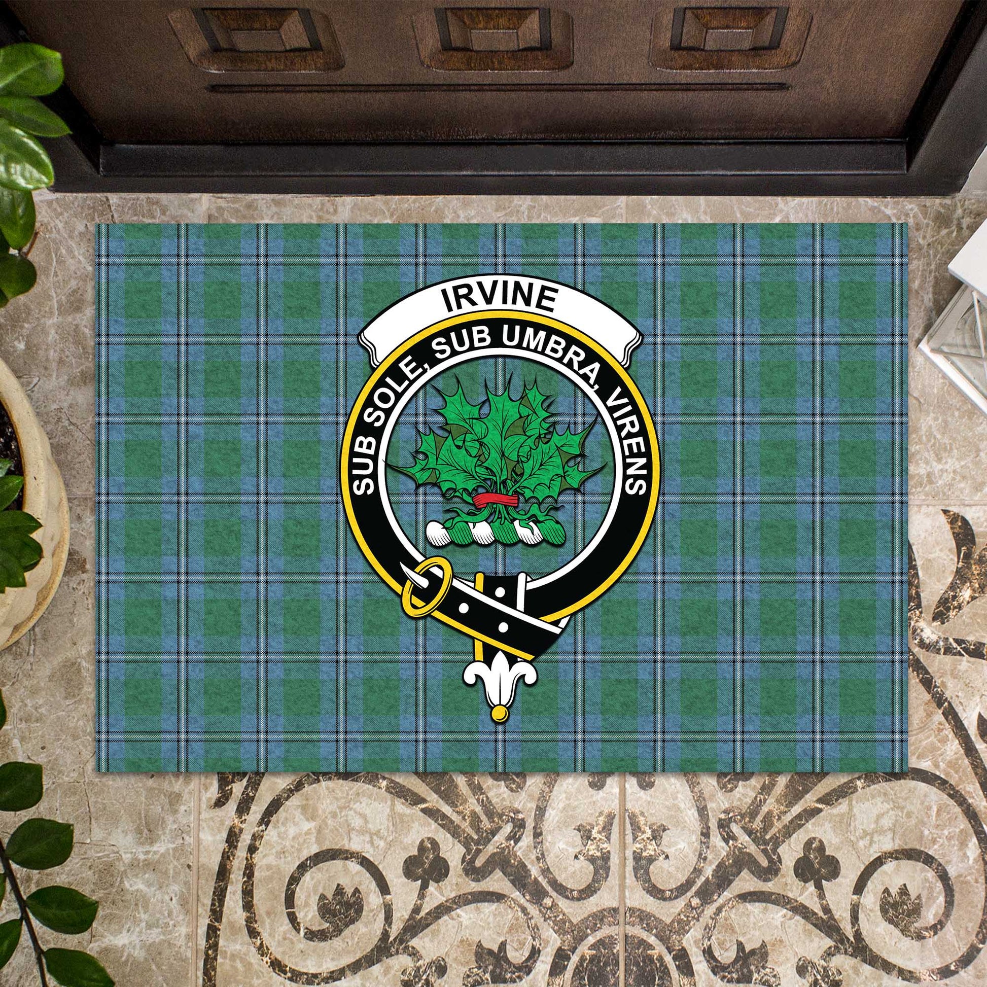 Irvine of Drum Tartan Door Mat with Family Crest - Tartanvibesclothing