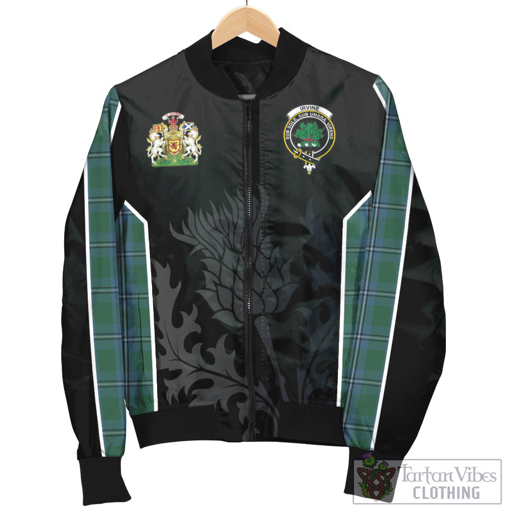 Tartan Vibes Clothing Irvine of Drum Tartan Bomber Jacket with Family Crest and Scottish Thistle Vibes Sport Style