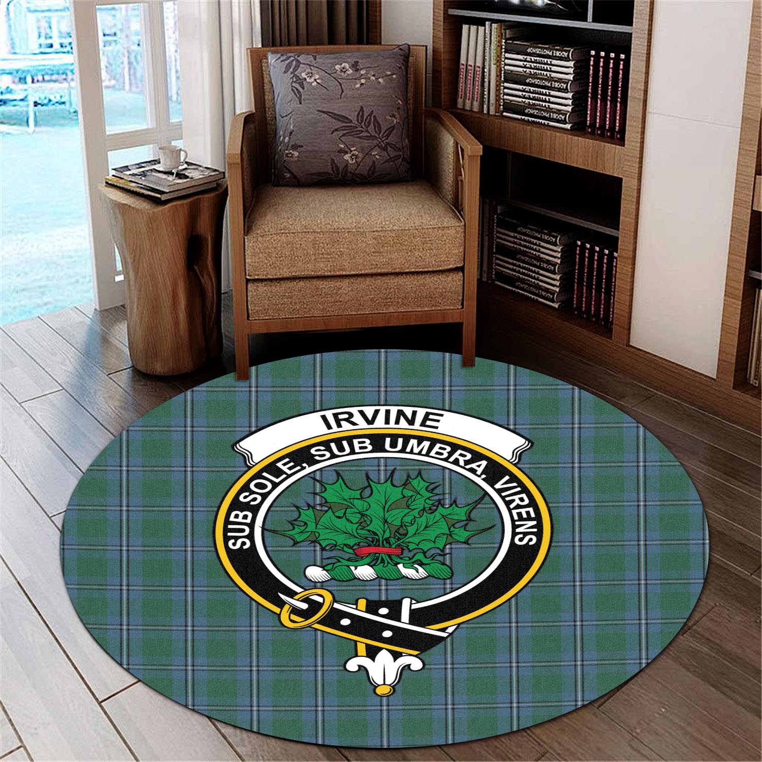 irvine-of-drum-tartan-round-rug-with-family-crest