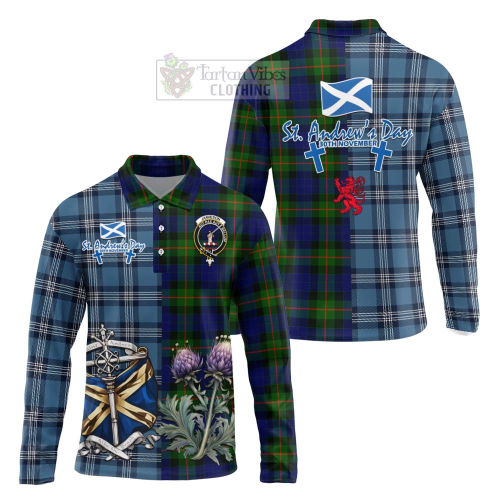 Tartan Vibes Clothing Jamieson Tartan Long Sleeve Polo Shirt Happy St. Andrew's Day Half Tartan Style