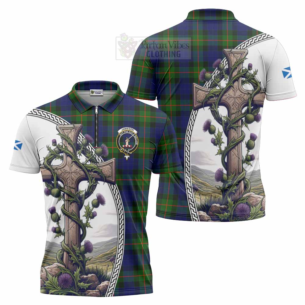 Tartan Vibes Clothing Jamieson Tartan Zipper Polo Shirt with Family Crest and St. Andrew's Cross Accented by Thistle Vines