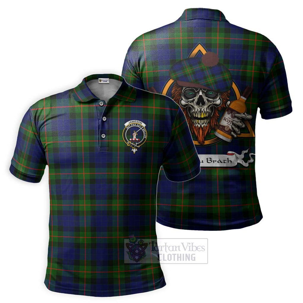 Tartan Vibes Clothing Jamieson Tartan Polo Shirt with Family Crest and Bearded Skull Holding Bottles of Whiskey