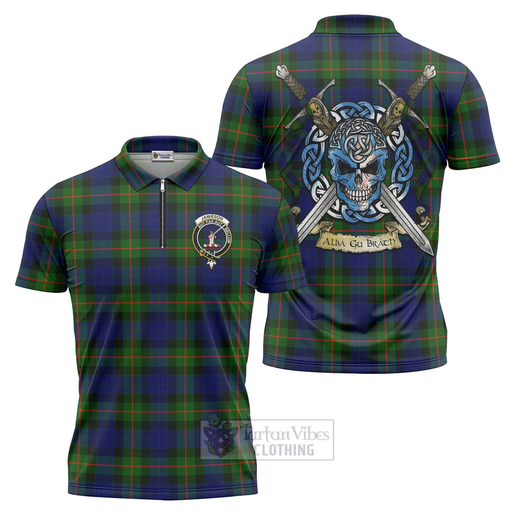 Tartan Vibes Clothing Jamieson Tartan Zipper Polo Shirt with Family Crest Celtic Skull Style