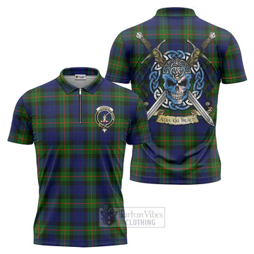 Jamieson Tartan Zipper Polo Shirt with Family Crest Celtic Skull Style