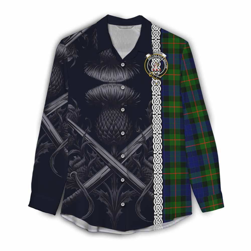 Tartan Vibes Clothing Jamieson Tartan Women's Casual Shirt with Family Crest Cross Sword Thistle Celtic Vibes