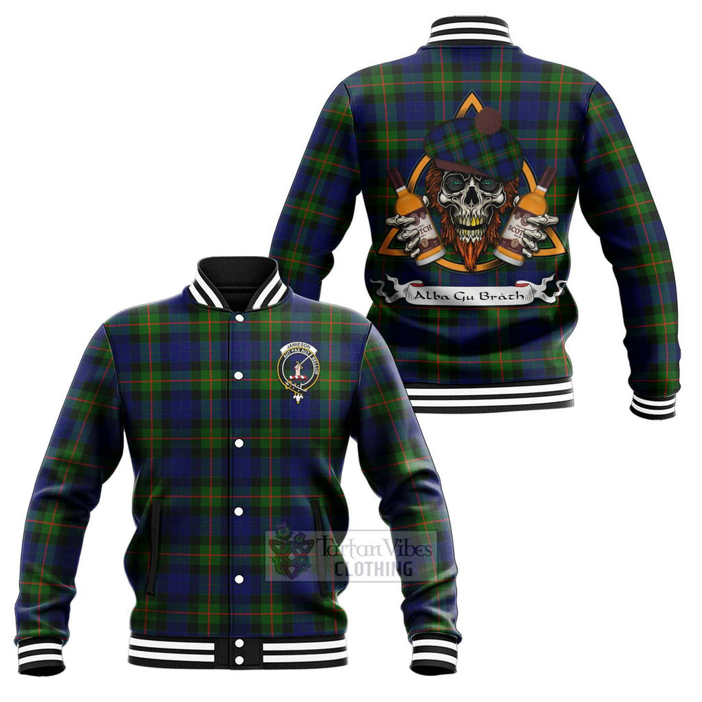 Tartan Vibes Clothing Jamieson Tartan Baseball Jacket with Family Crest and Bearded Skull Holding Bottles of Whiskey