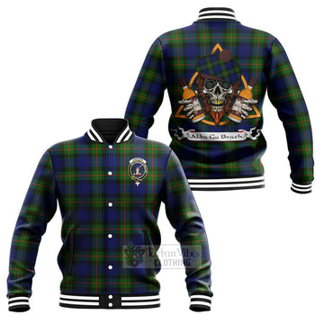 Jamieson Tartan Baseball Jacket with Family Crest and Bearded Skull Holding Bottles of Whiskey