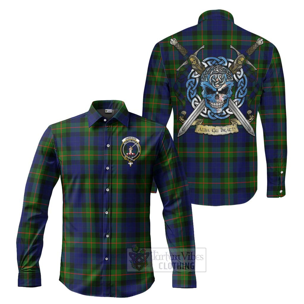 Tartan Vibes Clothing Jamieson Tartan Long Sleeve Button Shirt with Family Crest Celtic Skull Style