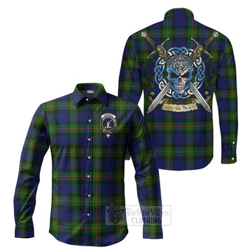 Jamieson Tartan Long Sleeve Button Shirt with Family Crest Celtic Skull Style