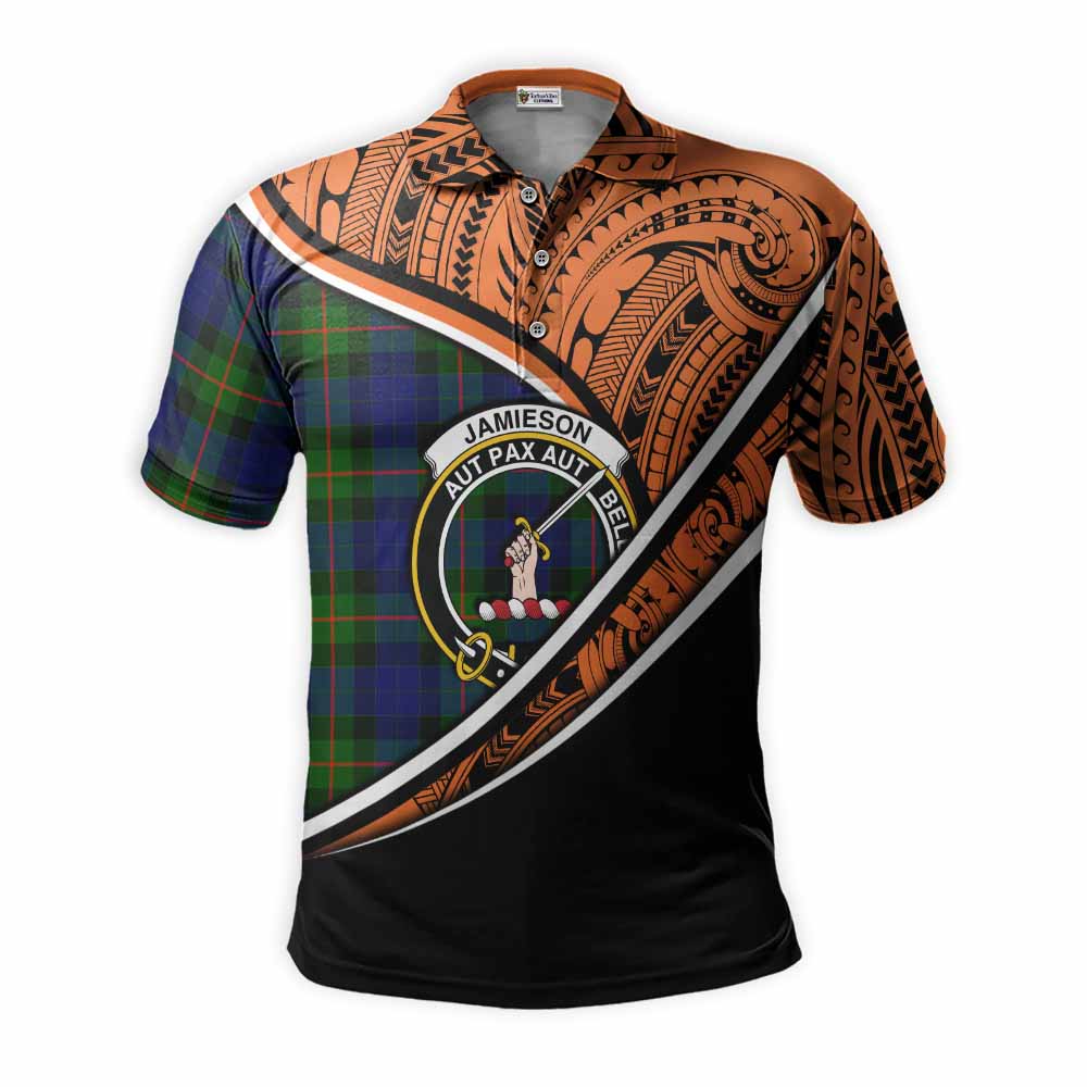 Tartan Vibes Clothing Jamieson Crest Tartan Polo Shirt with Maori Tattoo Style - Orange Version