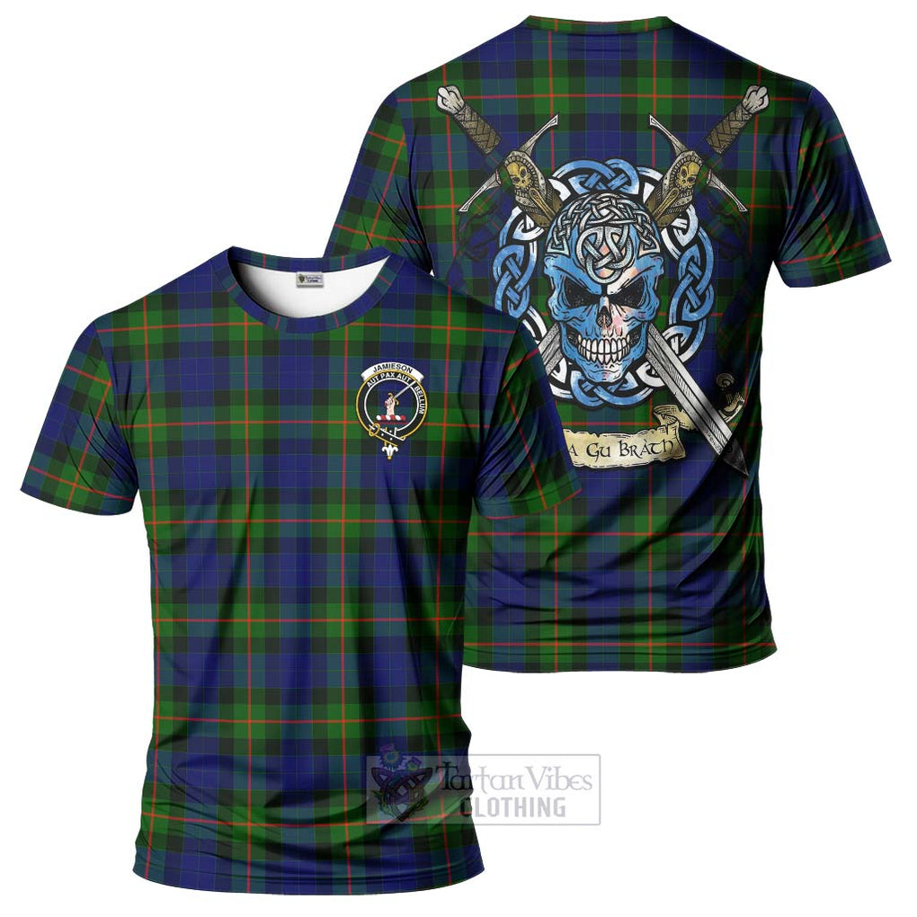 Tartan Vibes Clothing Jamieson Tartan T-Shirt with Family Crest Celtic Skull Style